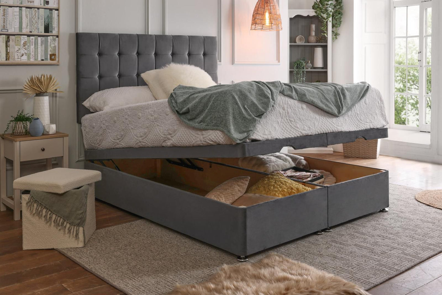 Matt Plush Velvet Divan Set with Spring Memory Foam Mattress